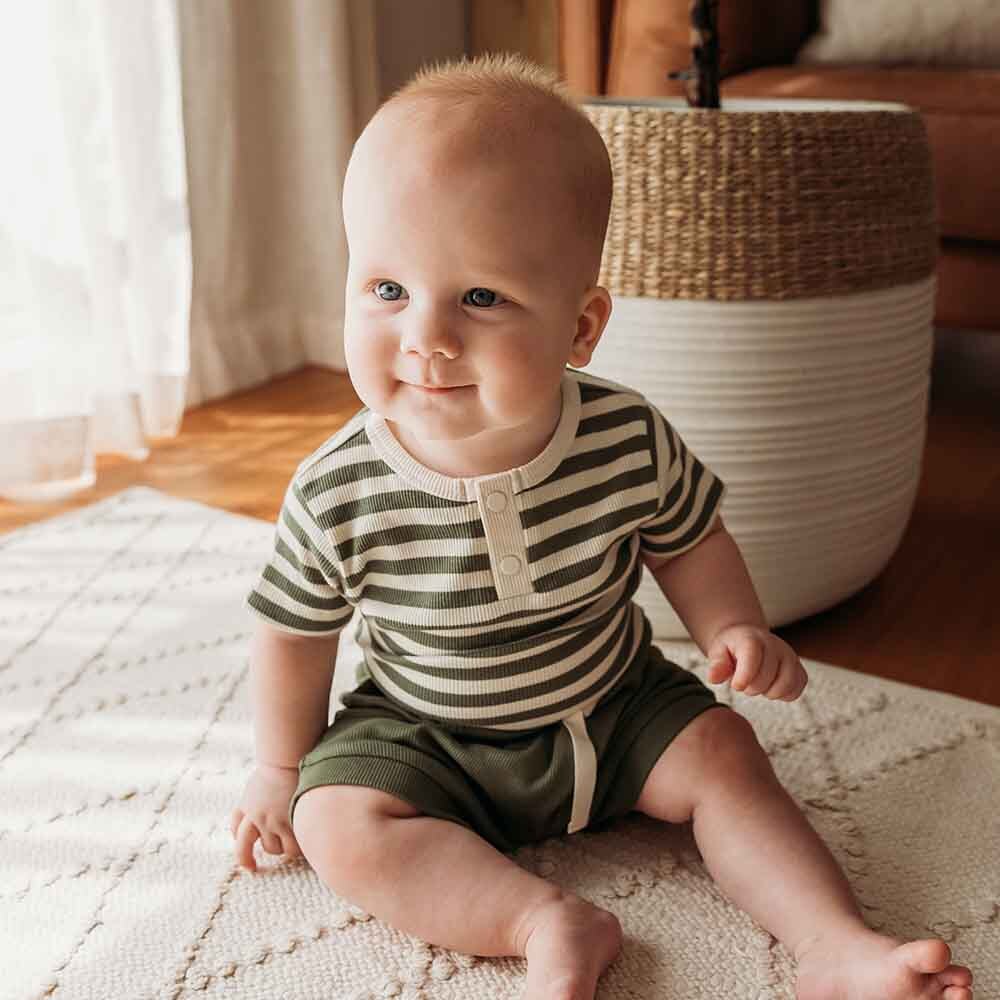 Olive Stripe Short Sleeve Bodysuit-Snuggle Hunny