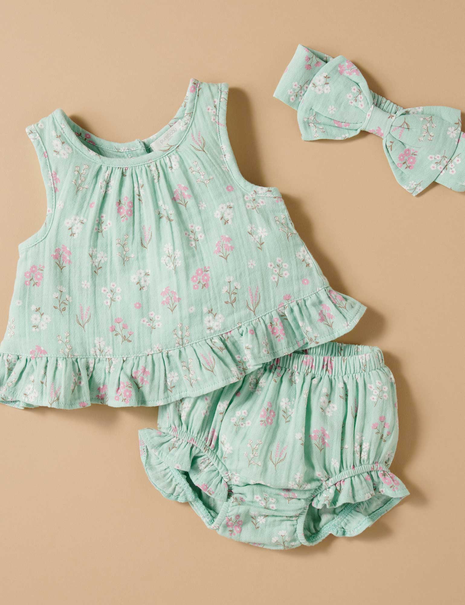 Seafoam Floral Ruffle Set-Purebaby