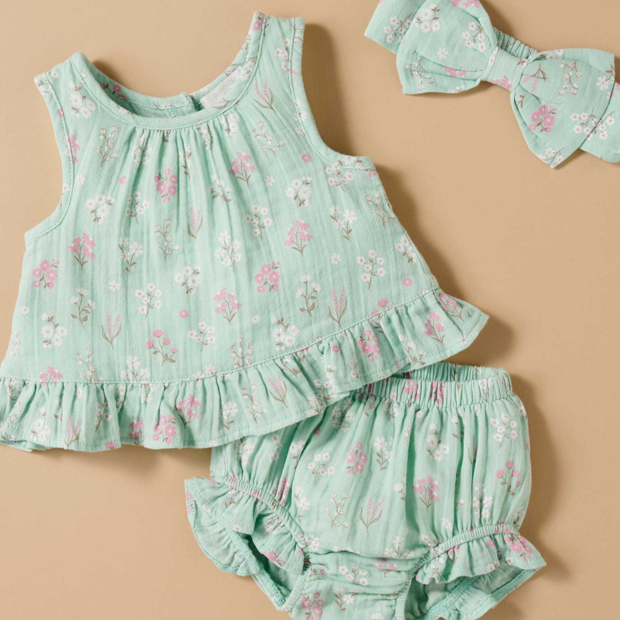 Seafoam Floral Ruffle Set-Purebaby