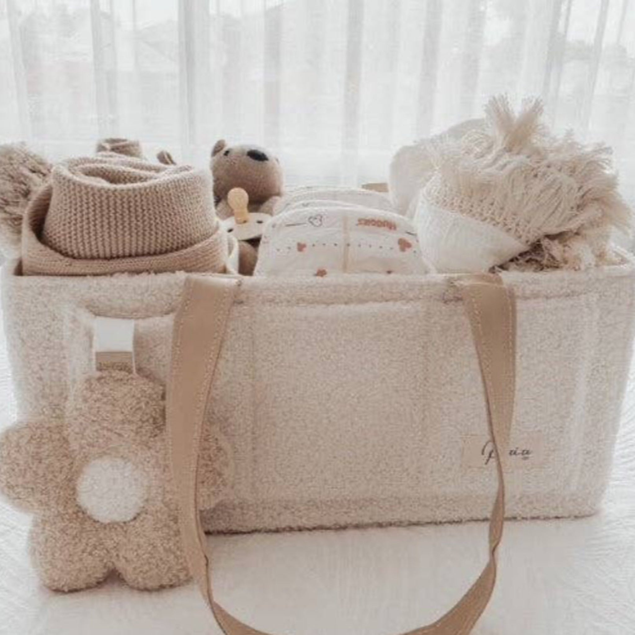 Nappy Caddy Snow Organiser with Beige Handles-Petite & Co