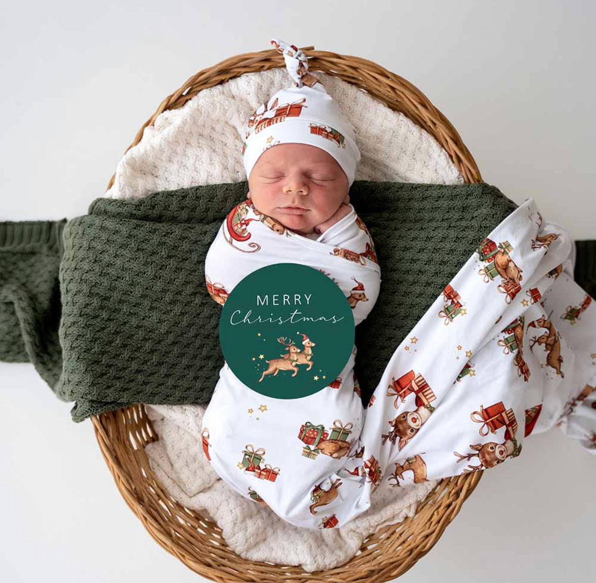 Reindeer Organic Jersey Wrap,Beanie & Milestone Card Set- Snuggle Hunny