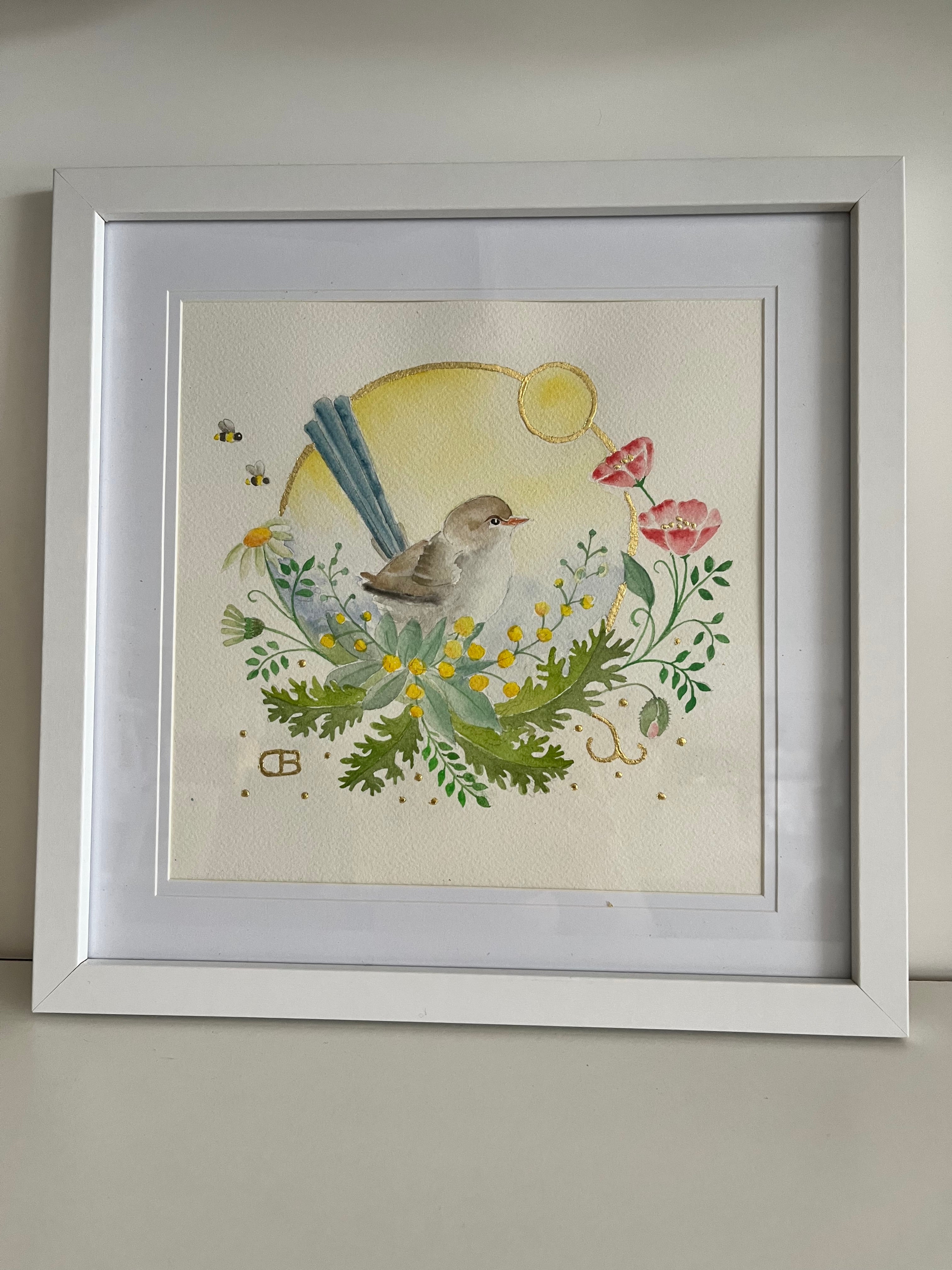 Baby Fairy Wren Watercolour and goldleaf Painting- Carol Barnwell Artist.