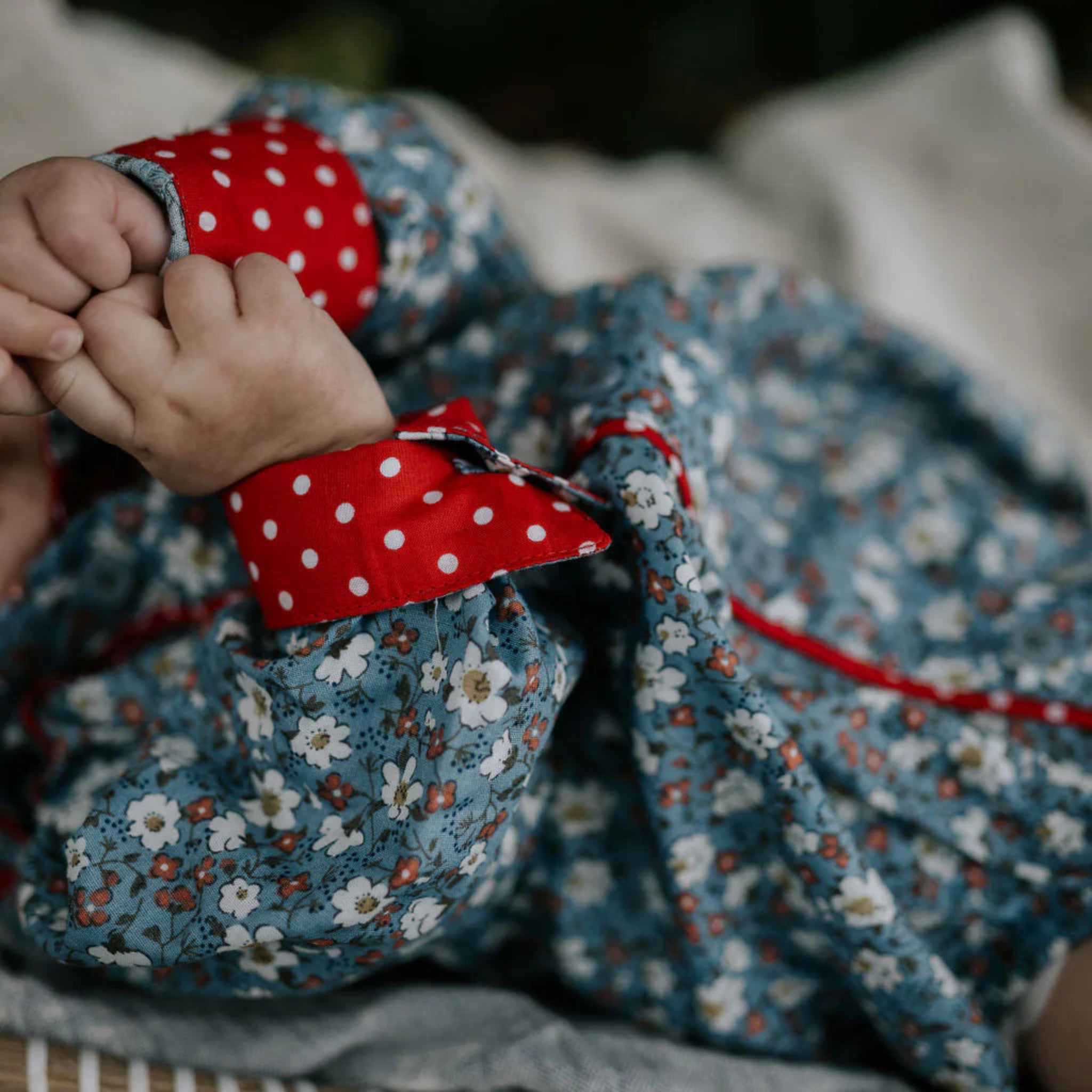 Paris Baby Floral Blues & Red Collar Long Sleeve- Little Windmill Clothing