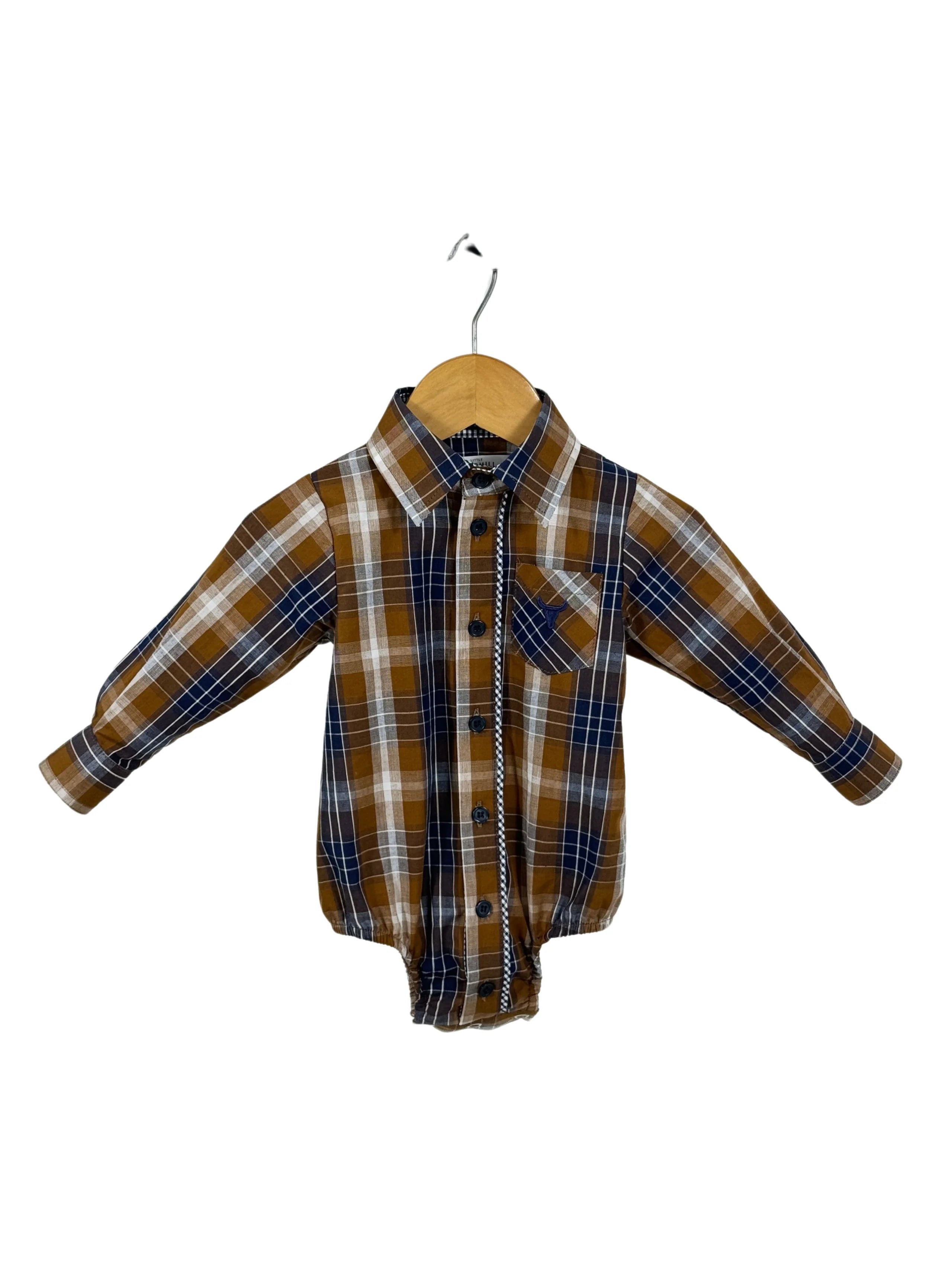 TJ Brown Checked Long sleeve Romper-Little Windmill Clothing