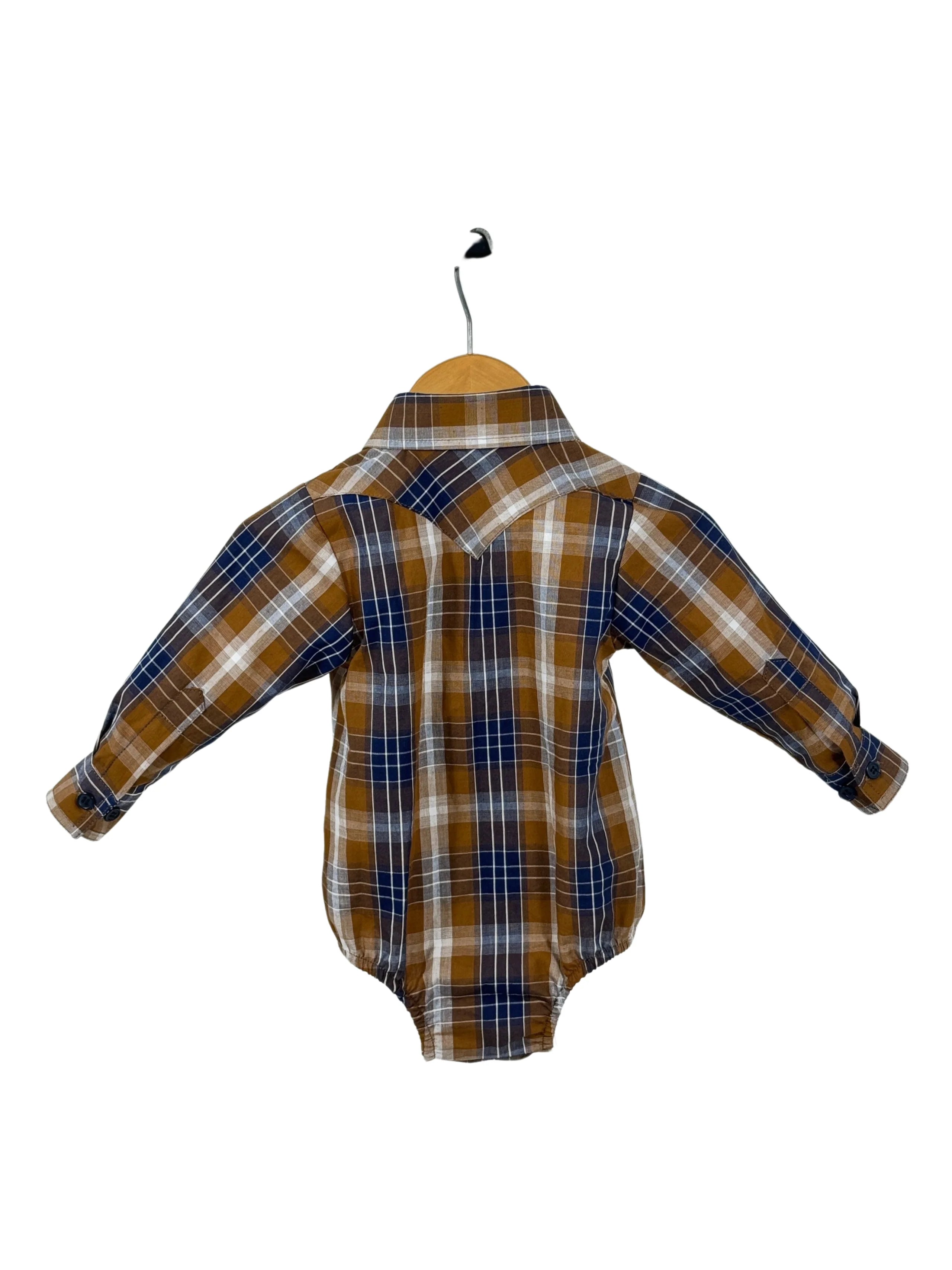 TJ Brown Checked Long sleeve Romper-Little Windmill Clothing