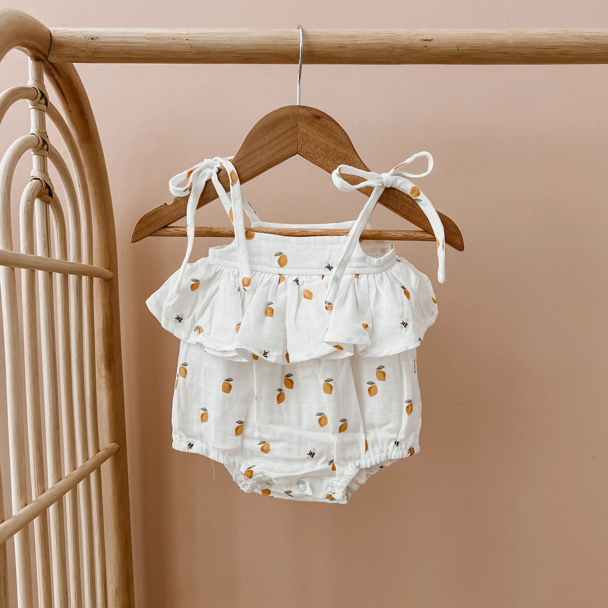 Lemon Bee Shoulder Tie Romper-Blossom and Pear