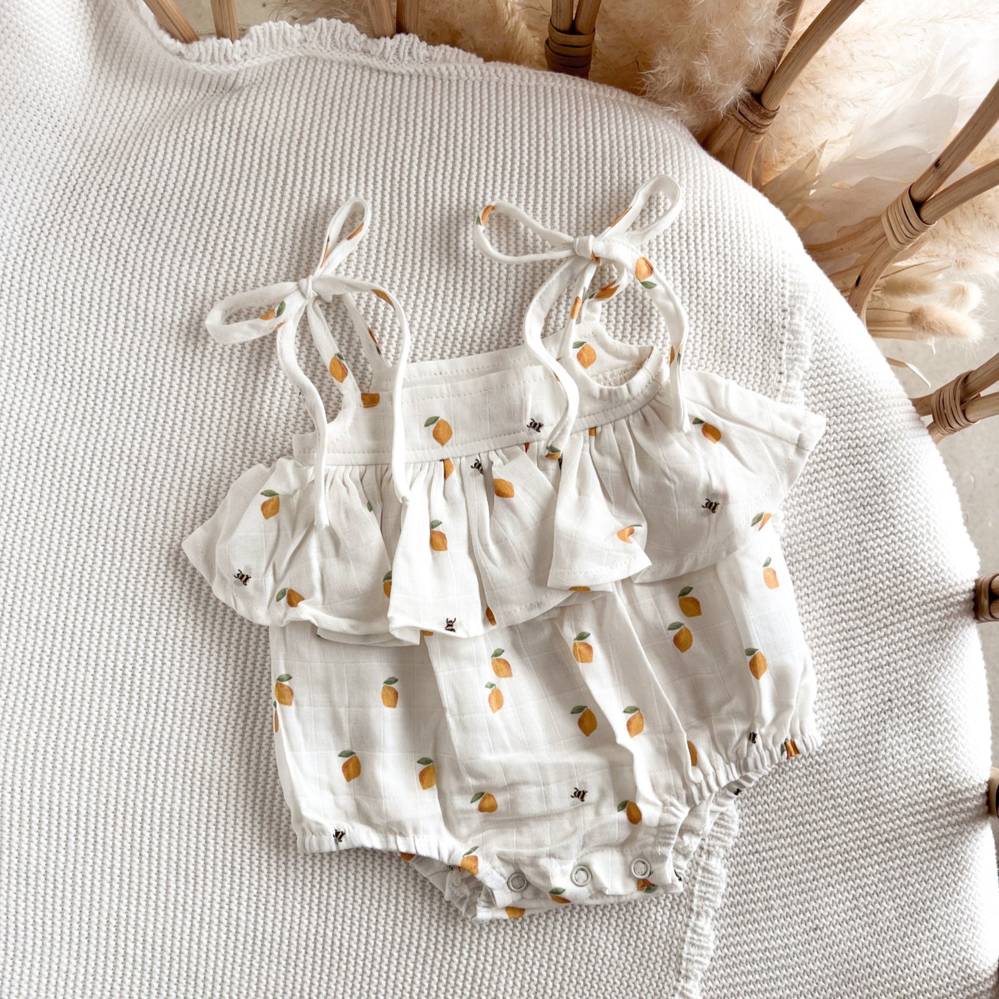 Lemon Bee Shoulder Tie Romper-Blossom and Pear