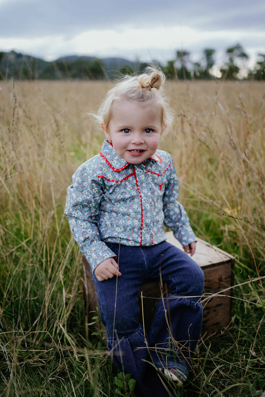 Paris Baby Floral Blues & Red Collar Long Sleeve- Little Windmill Clothing