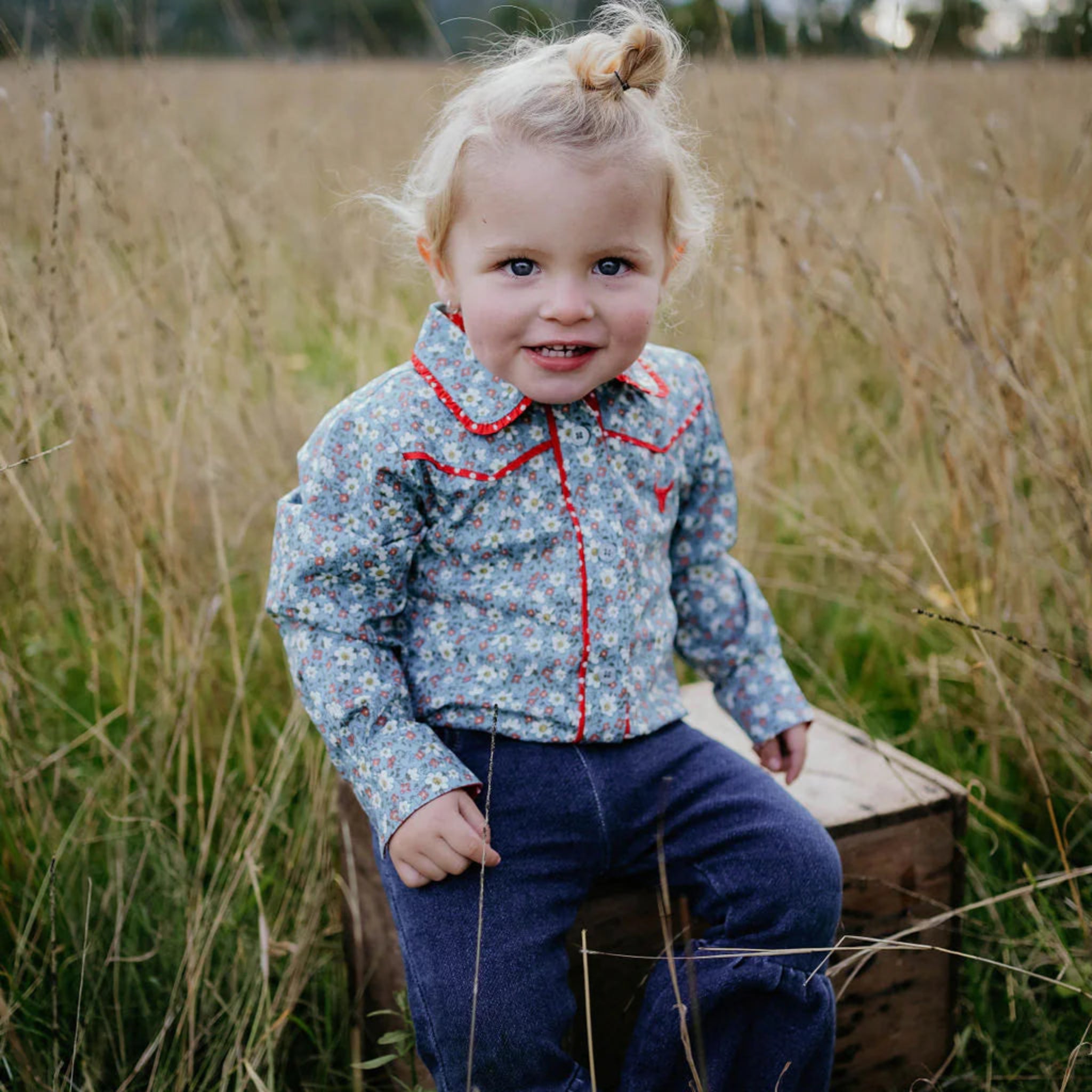 Paris Baby Floral Blues & Red Collar Long Sleeve- Little Windmill Clothing