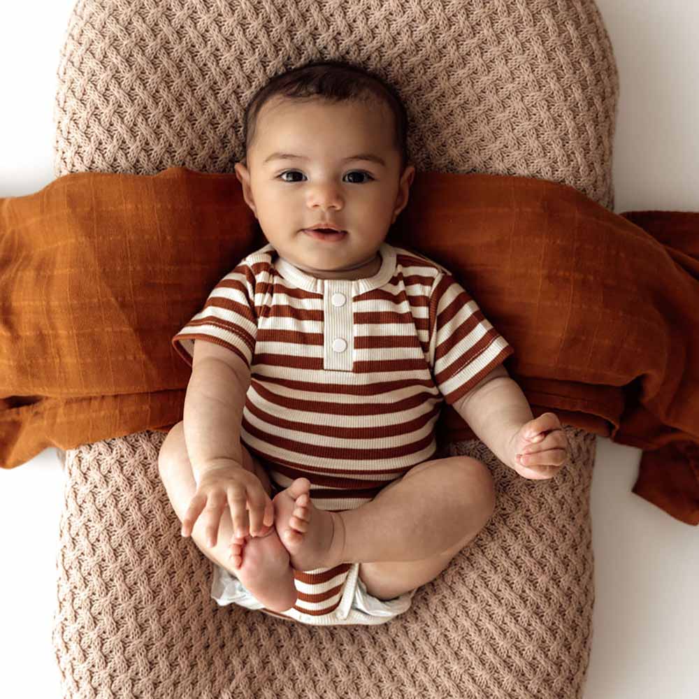 Biscuit Stripe Short Sleeve Bodysuit-Snuggle Hunny